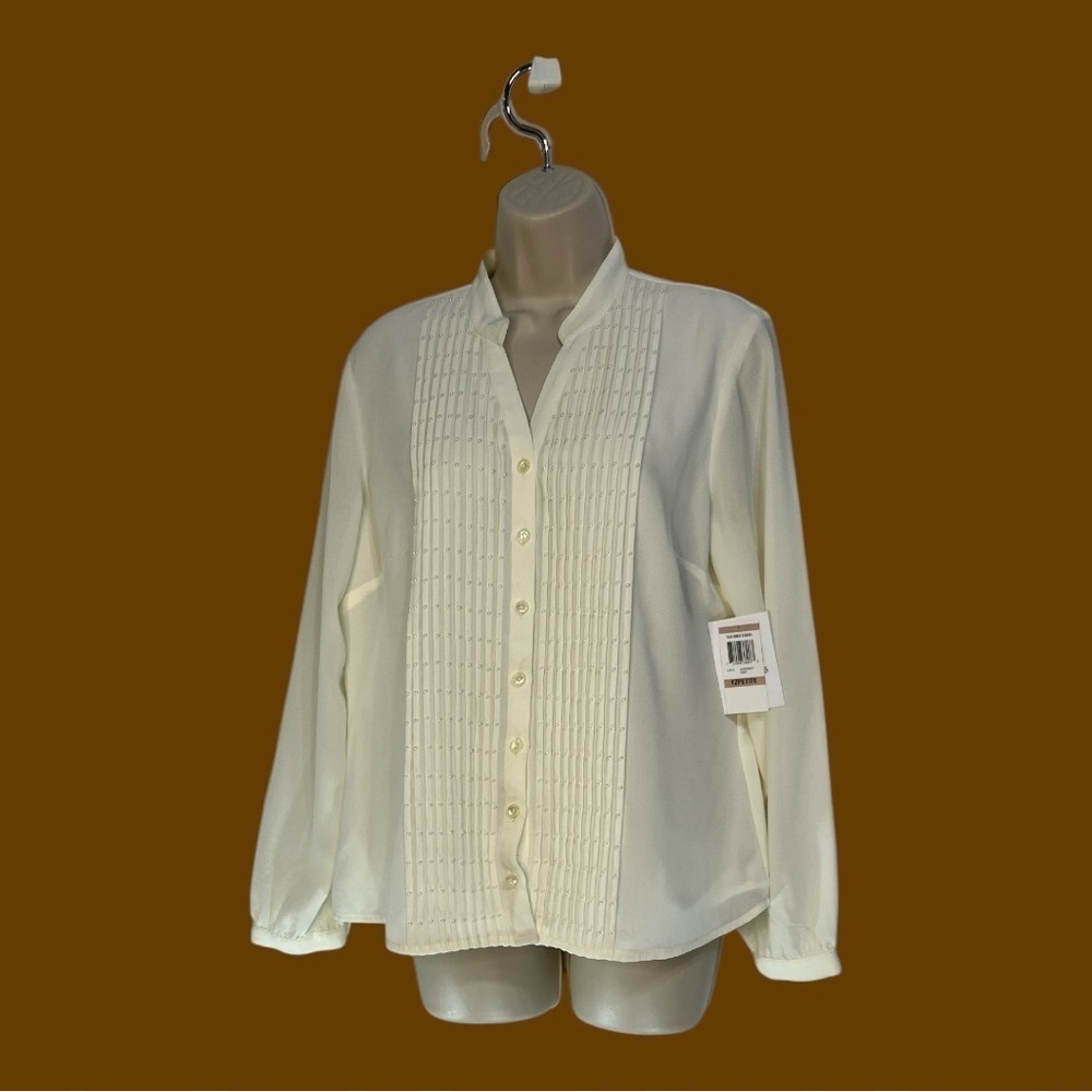 JM Collection Petite Career Blouse Ivory Button Down Pleated with Pearls 12P
